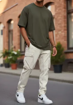 Pantaloni de trening cargo  bej  conici Y196 imagine