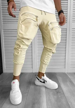 Pantaloni de trening cargo bej conici Y248 imagine