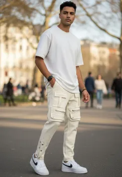 Pantaloni de trening cargo  bej  conici Y297 imagine