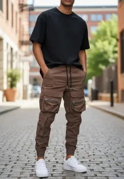 Pantaloni de trening cargo  galbeni  conici K006 imagine