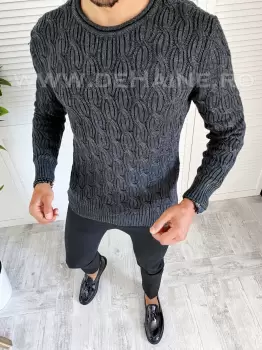 Pulover barbati gros slim fit gri inchis T3548 82-1 imagine