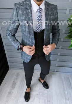 Sacou barbati in carouri slim fit B1485 N2-7 imagine