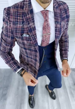 Sacou barbati in carouri slim fit B5296 86-4 E imagine