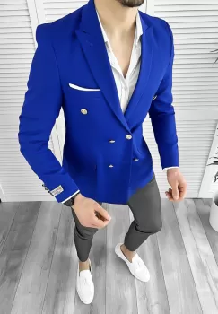 Sacou barbati slim fit albastru 041 imagine