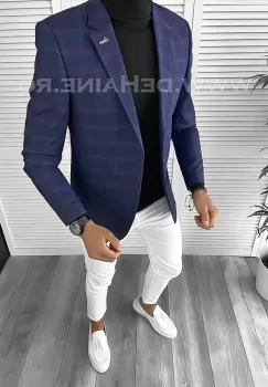 Sacou barbati slim fit bleumarin in carouri B9752 imagine