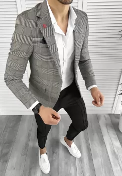 Sacou barbati slim fit in carouri 10198 E imagine