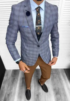 Sacou barbati slim fit in carouri 678 imagine