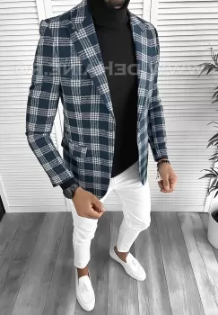 Sacou barbati slim fit verde in carouri B9750 imagine