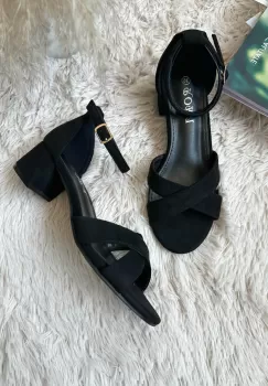 Sandale dama cu toc gros negre piele intoarsa GQ08 A39-3 imagine
