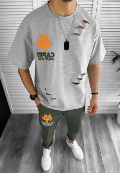 Trening barbati gri/kaki pantaloni + tricou oversize 13029 O4-1.2* imagine