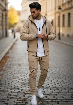 Trening barbati slim fit bej  Pantaloni + Hanorac  vatuit   5057 imagine