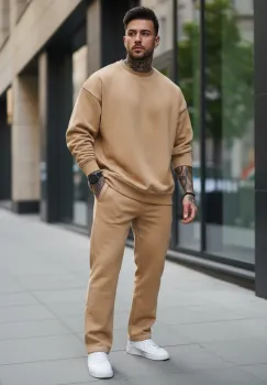 Trening barbati slim fit crem Pantaloni + Hanorac K008 imagine