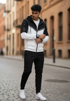 Trening barbati slim fit negru cu alb   Pantaloni + Hanorac RM08 imagine