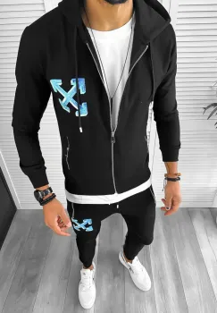 Trening barbati slim fit negru cu albastru Pantaloni + Hanorac 12931 imagine