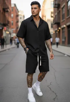 Trening barbati slim fit negru Pantaloni + camasa S110 imagine