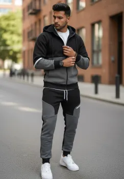 Trening barbati slim fit negru  Pantaloni + Hanorac  vatuit  5056 imagine