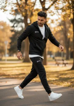 Trening barbati slim fit negru  Pantaloni + Hanorac  vatuit  RM60 imagine