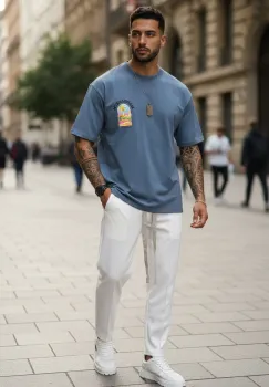 Tricou barbati albastru cu imprimeu  oversize 1858 D3-1.3 imagine