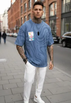 Tricou barbati albastru cu imprimeu  oversize 191  D2-5.4 imagine