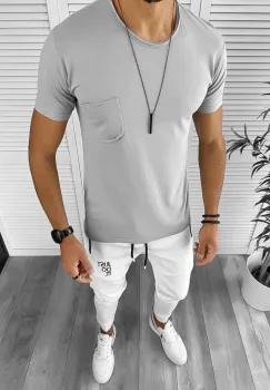 Tricou barbati gri deschis slim fit 12996 imagine