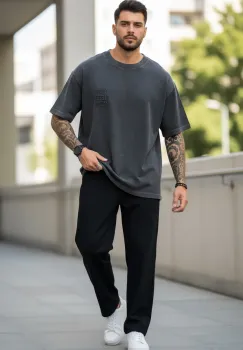 Tricou barbati  gri   oversize  premium Y007 imagine