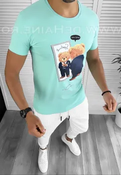 Tricou barbati turcoaz cu imprimeu slim fit  B7834 P15-5 imagine