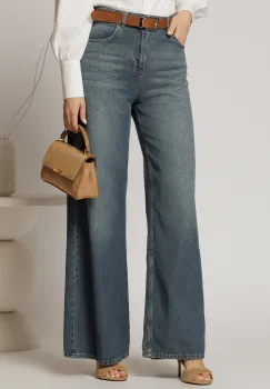 Blugi dama albastru denim cu croi larg si curea in talie imagine