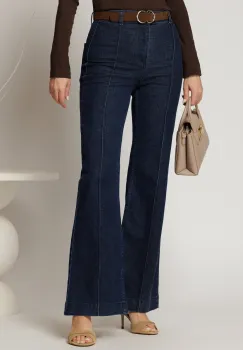 Blugi dama bleumarin cu croi evazat si curea in talie imagine