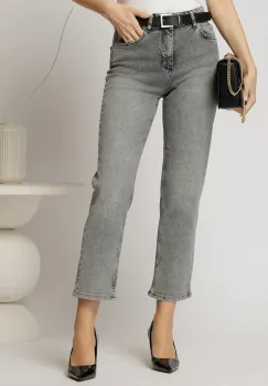 Blugi dama gri cu croi mom fit si curea in talie imagine