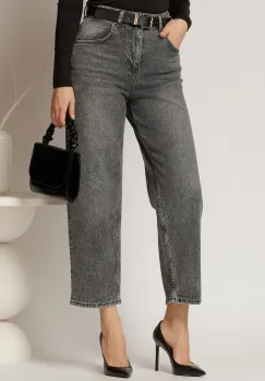 Blugi dama gri cu talie inalta si croi mom fit imagine