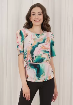 Bluza Ada roz somon cu imprimeuri verzi si curea in talie imagine