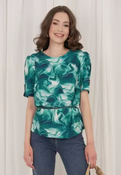 Bluza Ada verde cu imprimeuri albe si curea in talie imagine