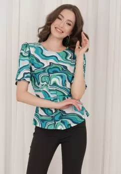 Bluza Ada verde cu imprimeuri turcoaz si curea in talie imagine