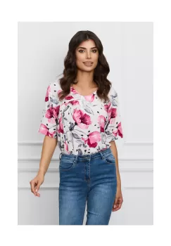 Bluza Ana alba cu imprimeuri florale magenta si volan imagine
