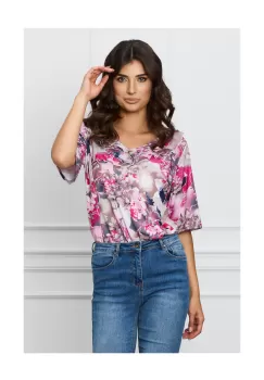 Bluza Ana maro cu imprimeuri fucsia si volan imagine