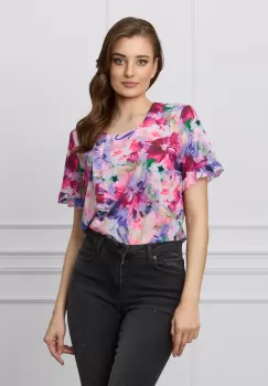 Bluza Ana mov cu imprimeuri florale fucsia si volanas imagine