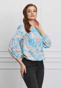 Bluza Aria bej cu imprimeuri florale bleu imagine