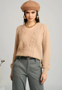 Bluza casual din tricot bej cu dantela imagine