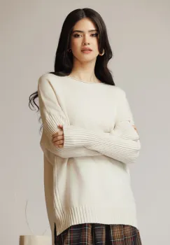 Bluza casual din tricot bej cu maneci reiate imagine