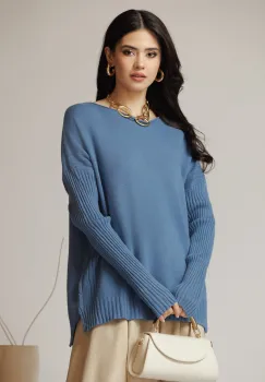 Bluza casual din tricot bleu cu maneci reiate imagine