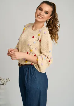 Bluza casual din tricot ivory cu ciucuri colorati imagine