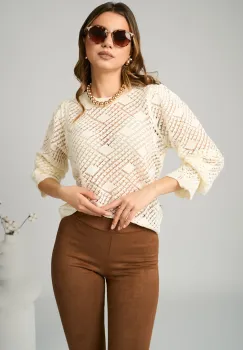 Bluza casual din tricot ivory cu maneci bufante imagine