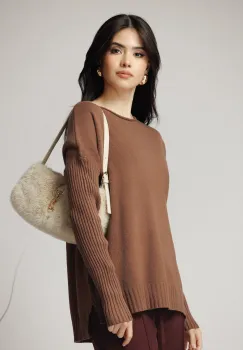 Bluza casual din tricot maro cu maneci reiate imagine