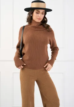 Bluza casual din tricot reiat maro cu guler maxi imagine