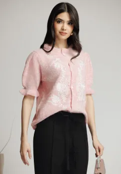Bluza casual din tricot roz cu broderie si nasturi imagine