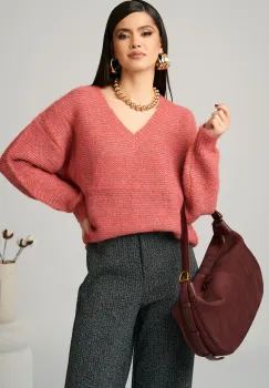 Bluza casual din tricot roz cu fir lurex imagine