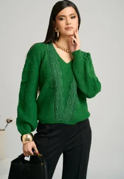 Bluza casual din tricot verde cu dantela imagine