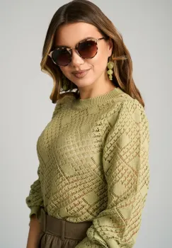 Bluza casual din tricot verde cu maneci bufante imagine
