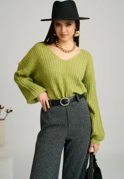 Bluza casual din tricot verde cu paiete si fir lurex imagine