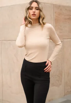 Bluza casual din viscoza bej cu guler incretit imagine